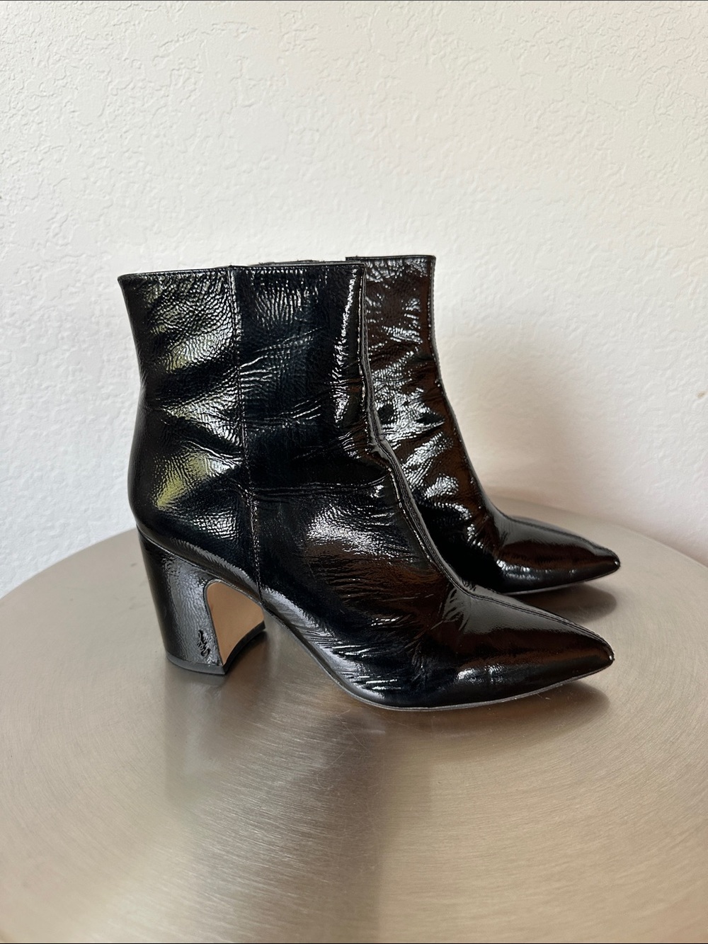 Sam Edelman Black Patent Pointed Ankle Boots with Curved Block Heel
